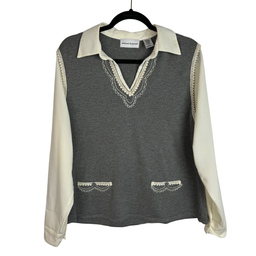 Alfred Dunner SzL Grey Long Sleeve Lace Trim‎ Top Grandmacore Granny Chic Twee